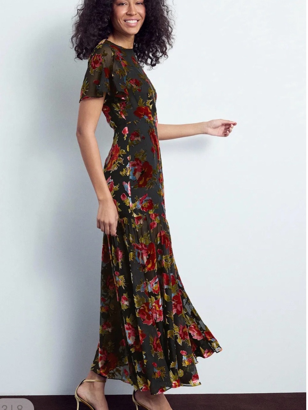 RIXO Olive Maxi Dress with Red & Pink Floral Pattern - Picture 3 of 6
